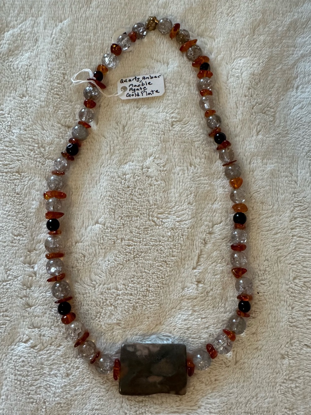 Amber and Quart Bead Necklace with Green Focal Point